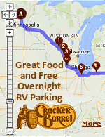 Seasoned RVers enjoy an occasional overnight stay in a Cracker Barrel restaurant parking lot, a few feet away from good eating. Click open ''trip planner'' and ''include cracker barrel restaurants along the way''.